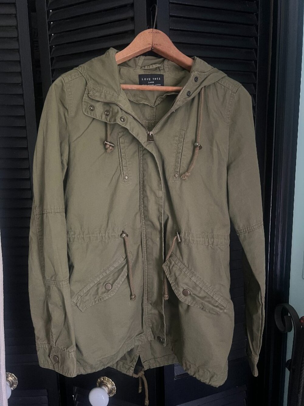 Love Tree Olive Green Hooded Utility Cargo Jacket Size L